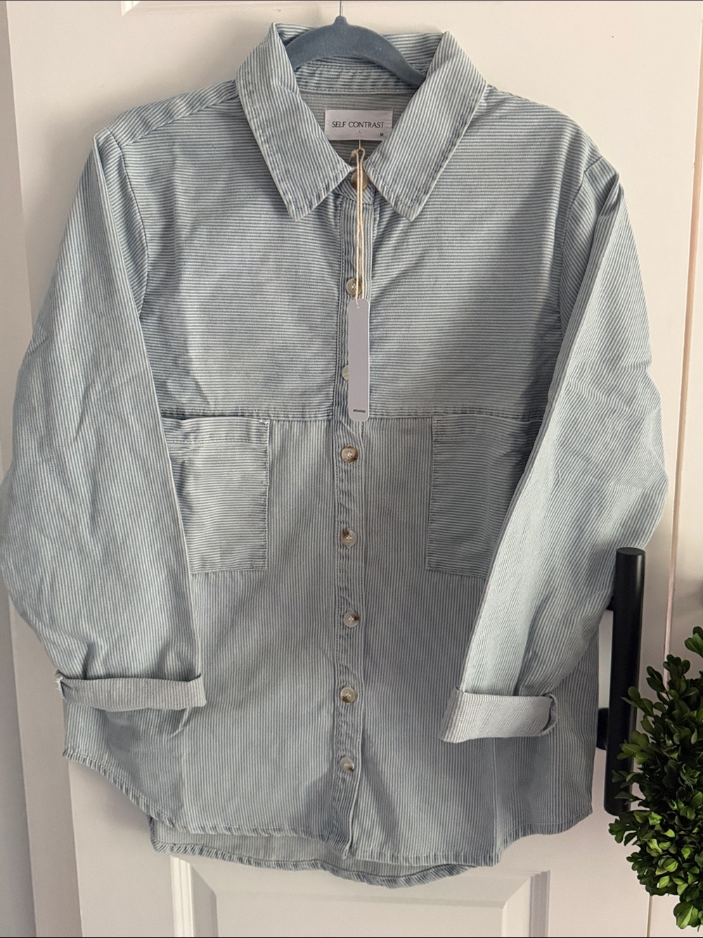 Anthro Self Contrast Striped Button-Up Shirt Jacket in Light Blue medium